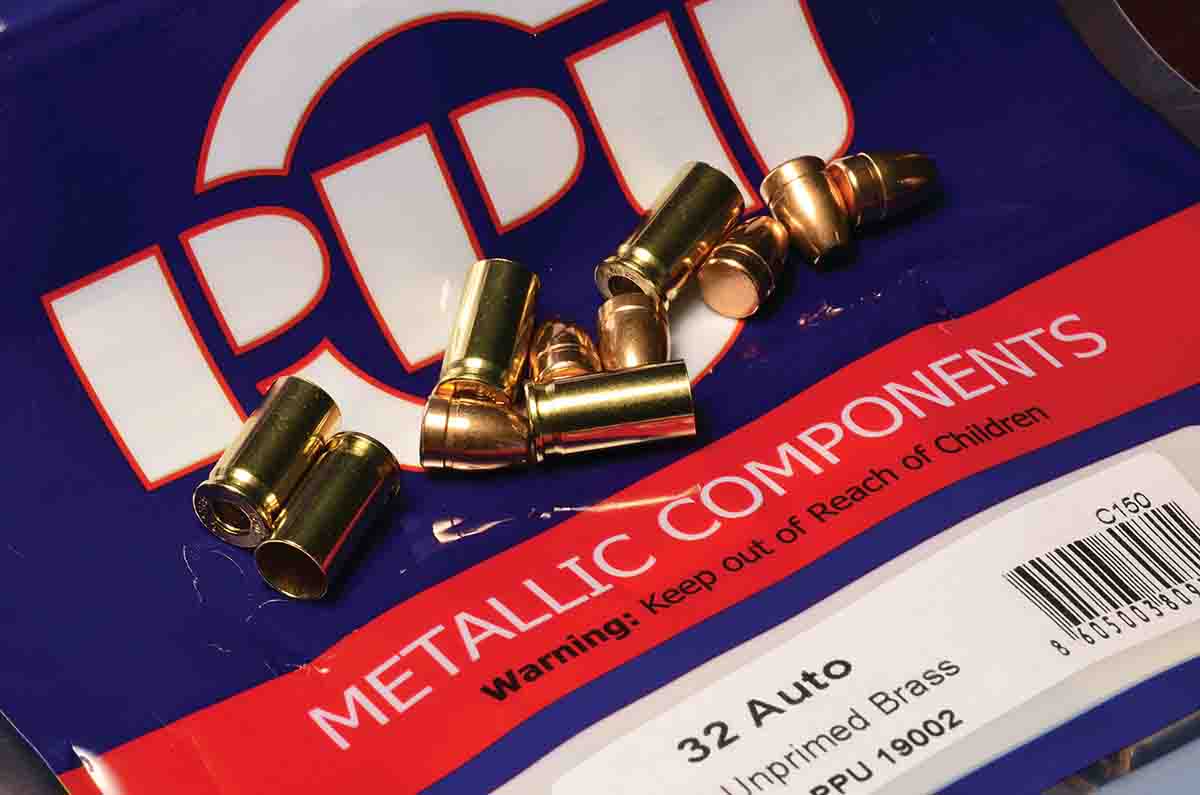 PrviPartizan (PPU) components from Serbia are high quality, but they have their idiosyncrasies. In .32 ACP, the bullets are .308-inch compared to the more common .311/312 inch found in American- made bullets. PPU brass has an inside mouth  dimension of .306 inch compared to Hornady’s .310, so PPU bullets do not work well in the latter. Matching bullets to brass  is important.